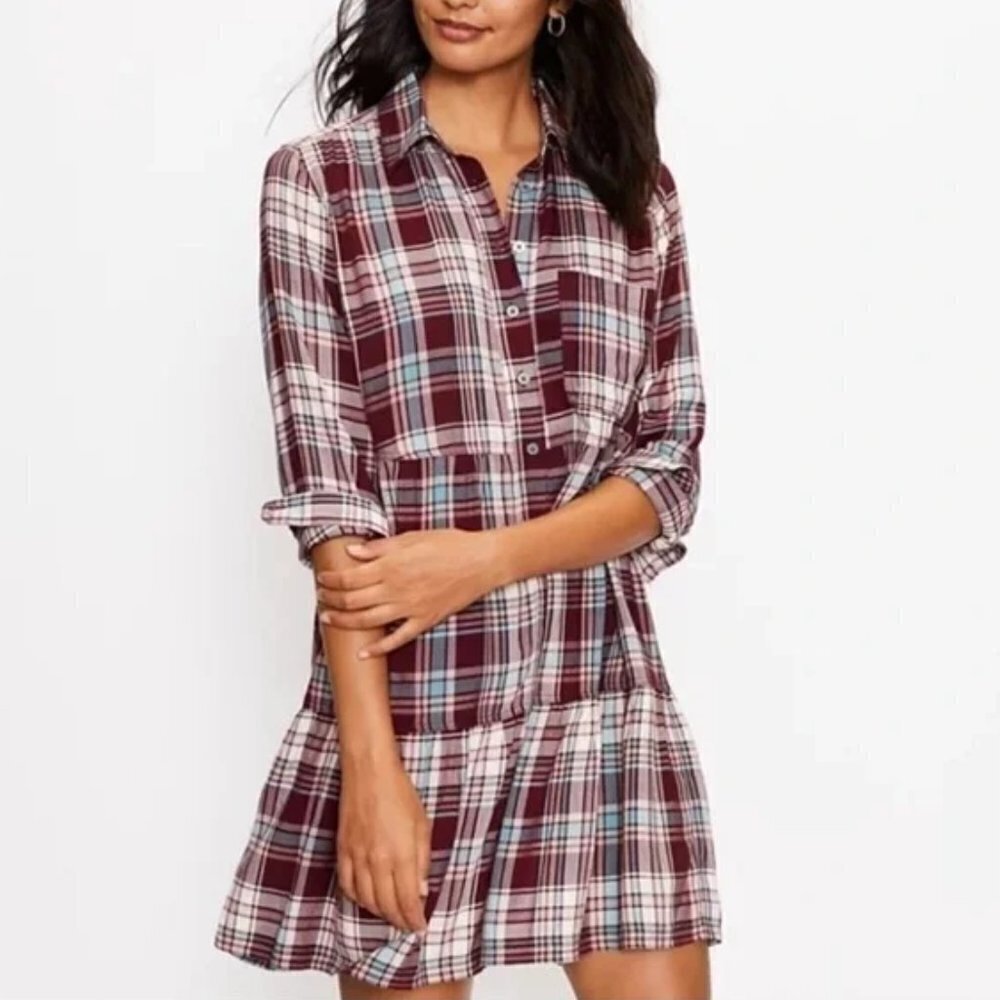 LOFT Flowy Long Sleeve Button Down Plaid Pocket Tiered Shirtdress Size S